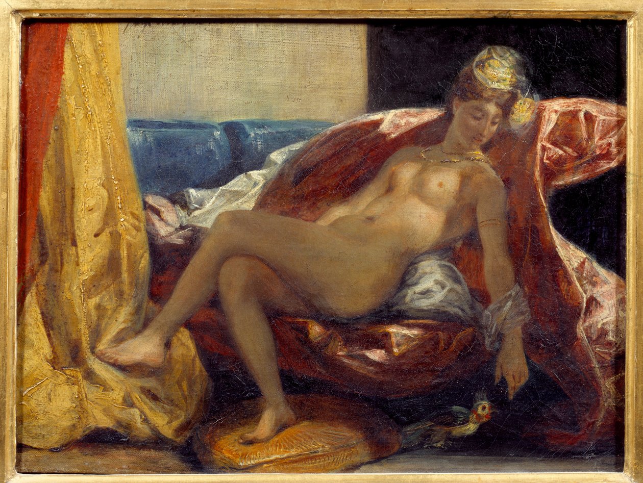 Egy papagájt faragó nő. Eugene Delacroix festménye (1798-1863) alkotó: Ferdinand Victor Eugene Delacroix