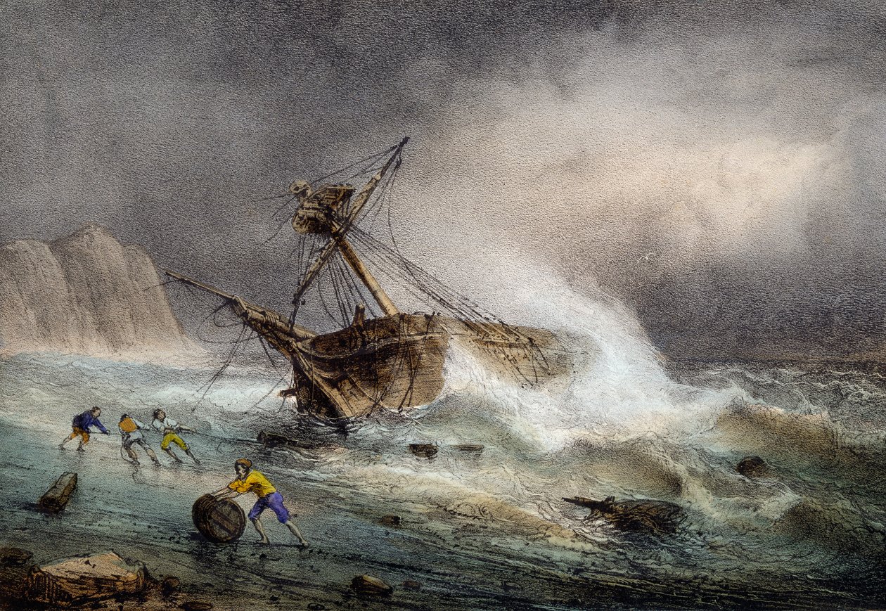 Brigantine sodrott, Ferdinand Perrot színes litográfiája alkotó: Ferdinand Victor Perrot