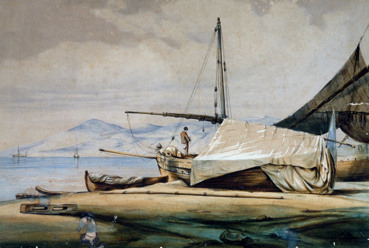 Leudi, ligur halászhajó, Ferdinand Perrot színes litográfiája alkotó: Ferdinand Victor Perrot