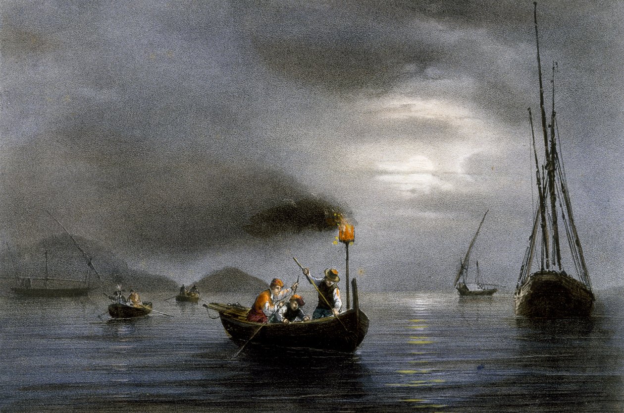 Éjszakai horgászat horgászlámpánál, Ferdinand Perrot (1808-1841) színes litográfiája alkotó: Ferdinand Victor Perrot