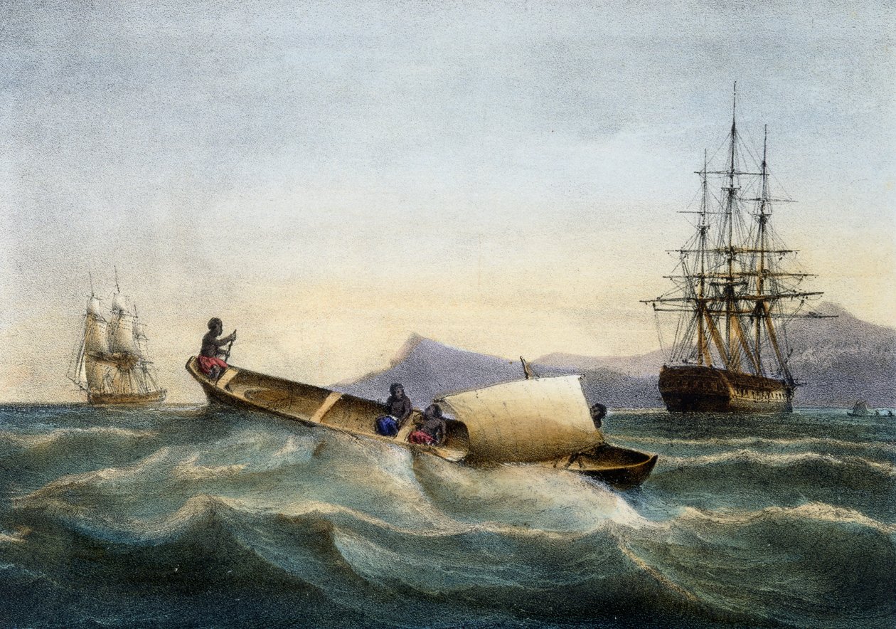 Outrigger kenu Antillákról, Ferdinand Perrot színes litográfiája alkotó: Ferdinand Victor Perrot