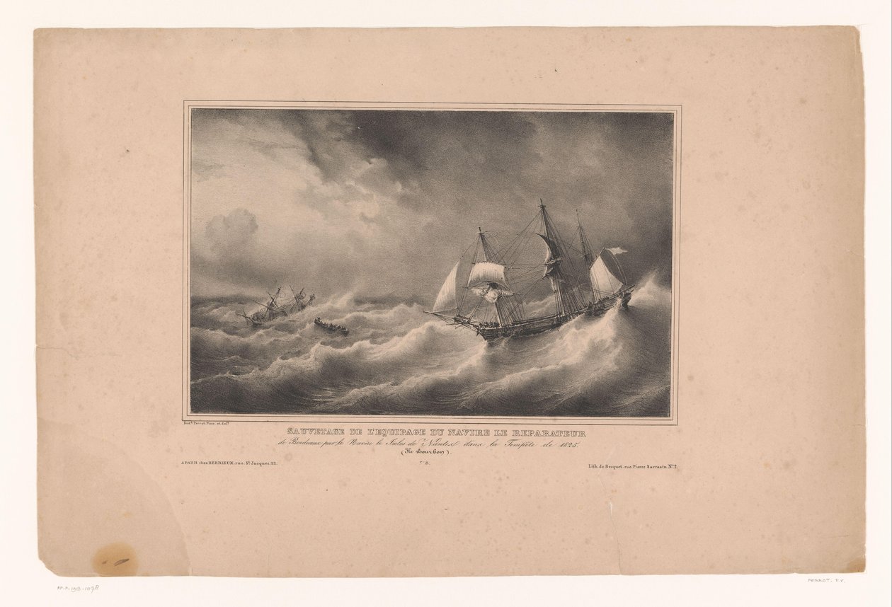 Redding van de bemanning van het schip de Reparateur A Le Reparateur hajó legénységének mentése Bordeaux-ból a Jules de Nantes hajóval az 1825-ös viharban. (Ile Bourbon) (cím a tárgyon) Franse kust Rivieren en zeeën langs (sorozat cinege alkotó: Ferdinand Victor Perrot