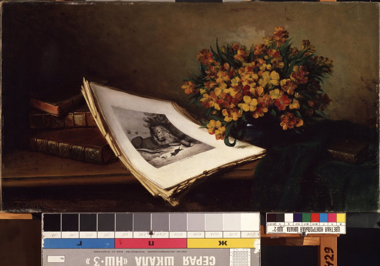 Csendélet litográfiával. Ferdinand Wagner (1819-1881) festménye. Olaj, vászon, 48 x 86,5 cm. századi német művészet. Állami M.K. Ciurlionis Művészeti Múzeum, Kaunas (Litvánia). alkotó: Ferdinand Wagner
