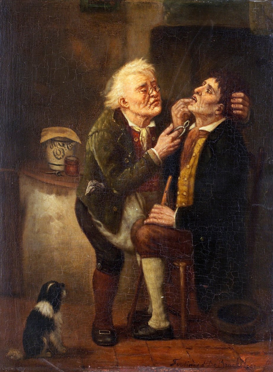 A fogorvosnál - Idősebb Ferdinand de Braekeleer (1792-1883) festménye, olaj, fa (39x28,5 cm) alkotó: Ferdinand de Braekeleer