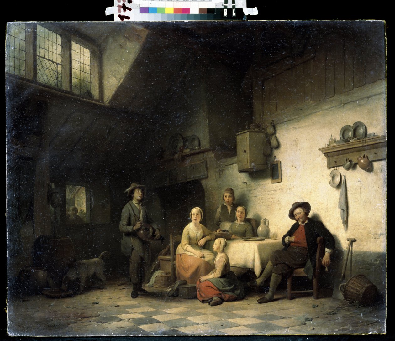 ""Le concert prive"" (Házi koncert) Belgiumban egy szerény belső térben összegyűlt család egy zenész hangját hallgatja. Idősebb Ferdinand de Braekeleer (1792-1883) festménye 19. századi Mihail Krosickij Művészeti Múzeum, Szevasztopol (Se alkotó: Ferdinand de Braekeleer