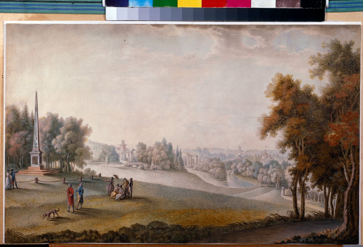 Ferdinand de Meys (?-kb. 1810) "Kilátás a Carskoje Selo parkra" Akvarell, gouache papíron alkotó: Ferdinand de Meys