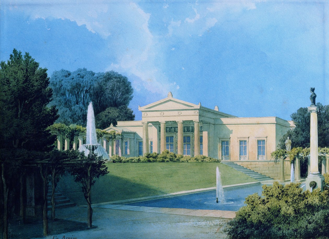 Charlottenhof kilátása a kertből, 1855 (toll, tinta és WC papíron) alkotó: Ferdinand von Arnim
