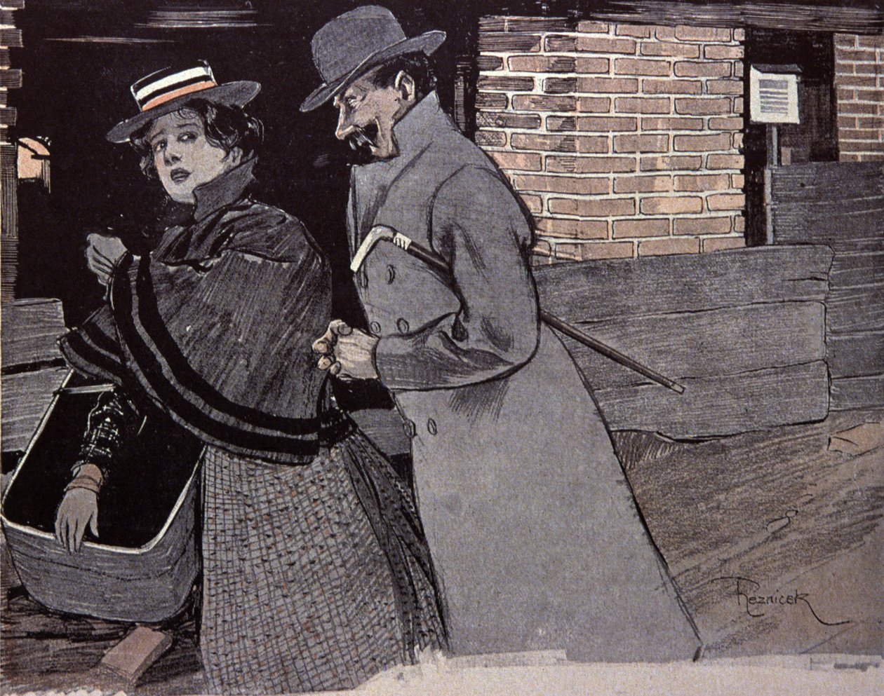 Egy fiatal nőt zaklató férfi. F. Von Reznicek illusztrációja: Simplicissimus, Németország alkotó: Ferdinand von Reznicek