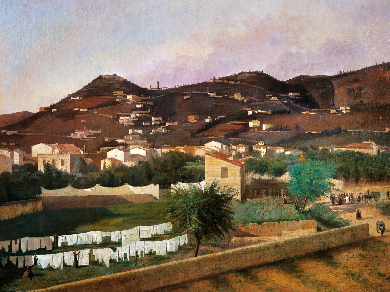 Fiesole-hegy látképe, Ferdinando Buonamici (1820-92), olaj, vászon, 88x119 cm alkotó: Ferdinando Buonamici