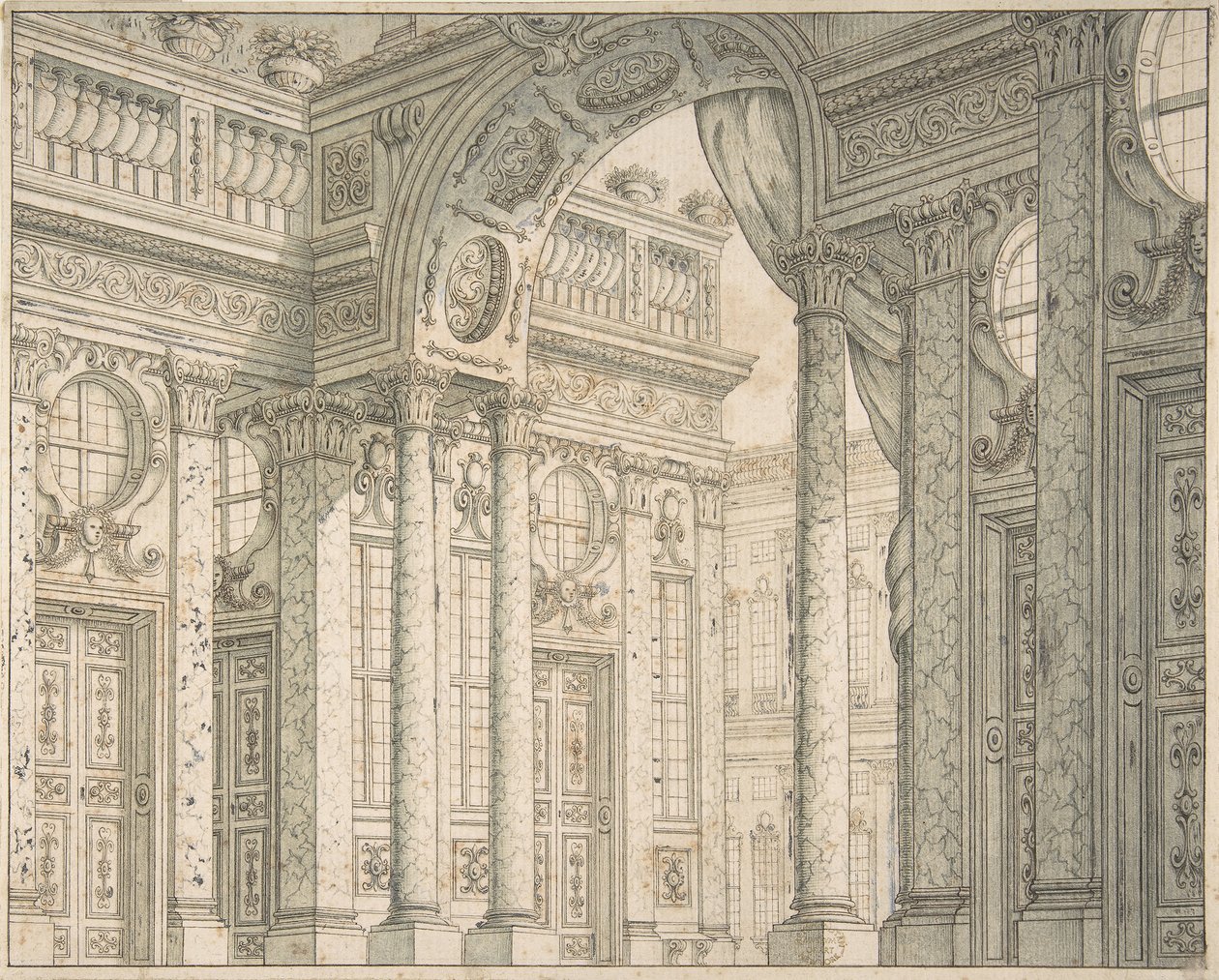 Udvarral és Diadalívvel rendelkező színpadi díszlet perspektívája, kb. 1675-1743. alkotó: Ferdinando Galli Bibiena