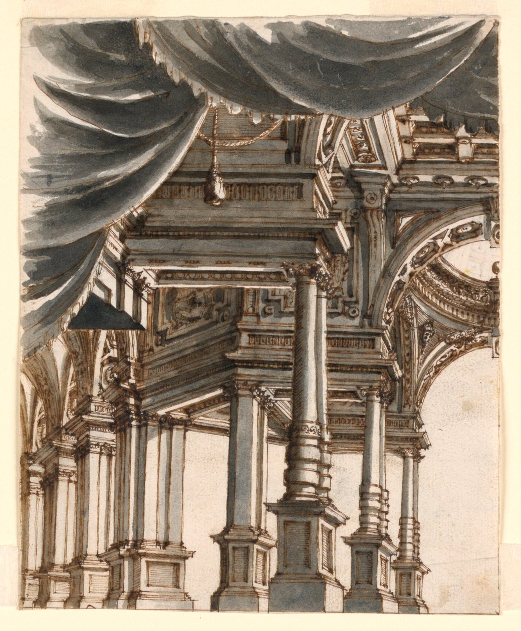 Színpadterv: Palotaátrium oszlopokkal és oszlopokkal megtámogatva alkotó: Ferdinando Galli Bibiena
