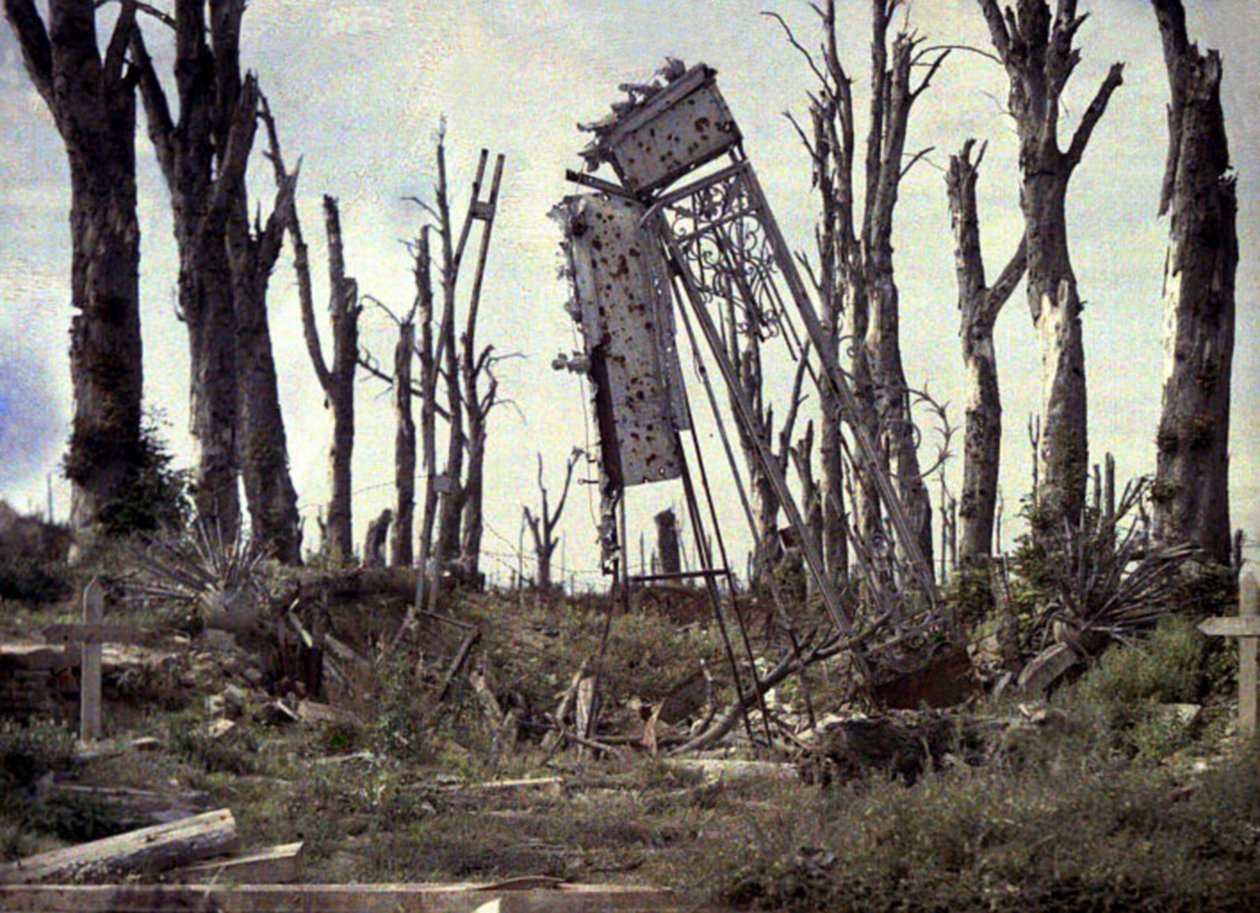 A kastély kapuja és a tüzérségi tűz által megsérült fák, Chaulnes, Somme, Franciaország, 1917 (autokróm) alkotó: Fernand Cuville