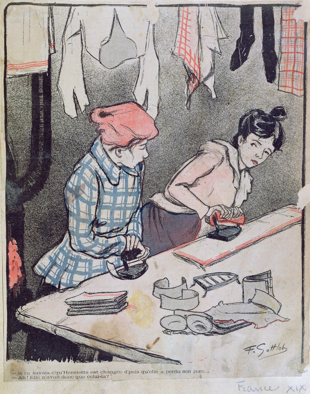 Két mosónőt ábrázoló karikatúra pletykálkodva, 19. század vége alkotó: Fernand Louis Gottlob