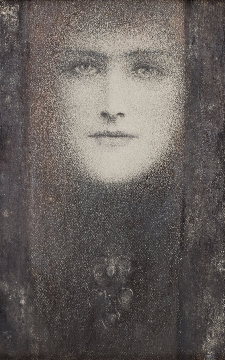 A maszk fekete függönnyel, 1909 körül (színes kréták fehérrel kiemelve a papíron) alkotó: Fernand Khnopff