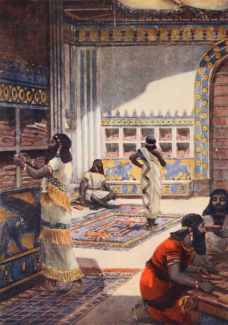 Ashur-Bani-Pal király híres könyvtára Ninivében, illusztráció a "Hutchinson