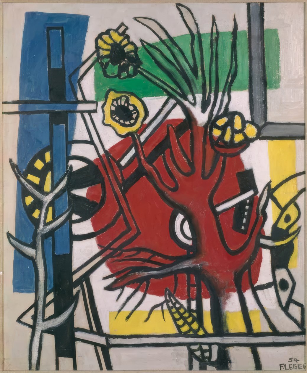 Fa vörös háttér előtt alkotó: Fernand Leger