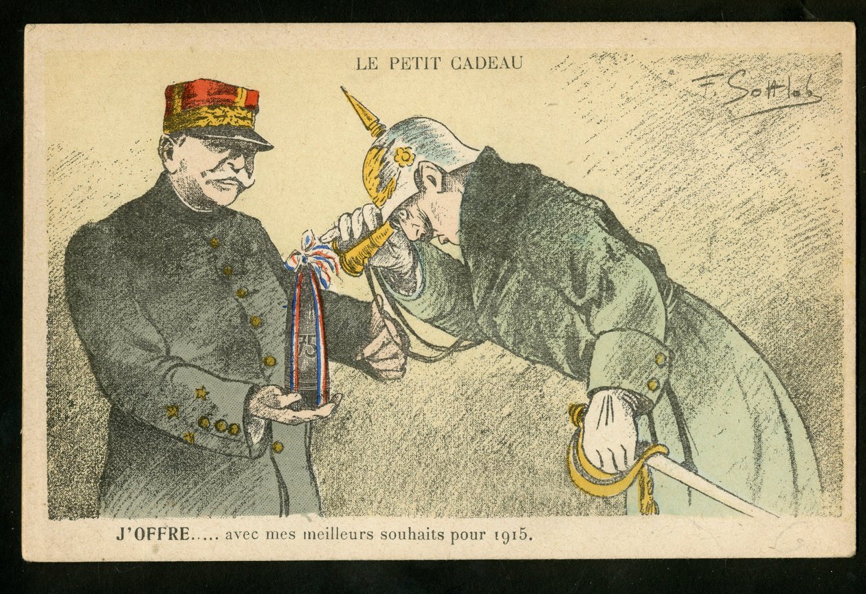 Képeslap, Szatirikus színekben, kb. 1914_12: Egy kis ajándékot ajánlok jókívánságaimmal 1915-re - 14-18-as háború, kanonok, kagylók - II. Vilmos, Joffre Illusztráció: Gottlob (1873-1935) alkotó: Fernand Louis Gottlob