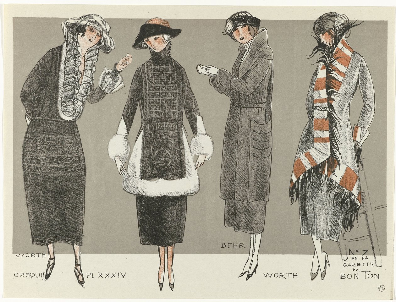 Gazette du Bon Ton, 1920 - No. 7, Croquis Pl XXXIV: Worth / Beer / Worth (cím a tárgyon) alkotó: Fernand Siméon