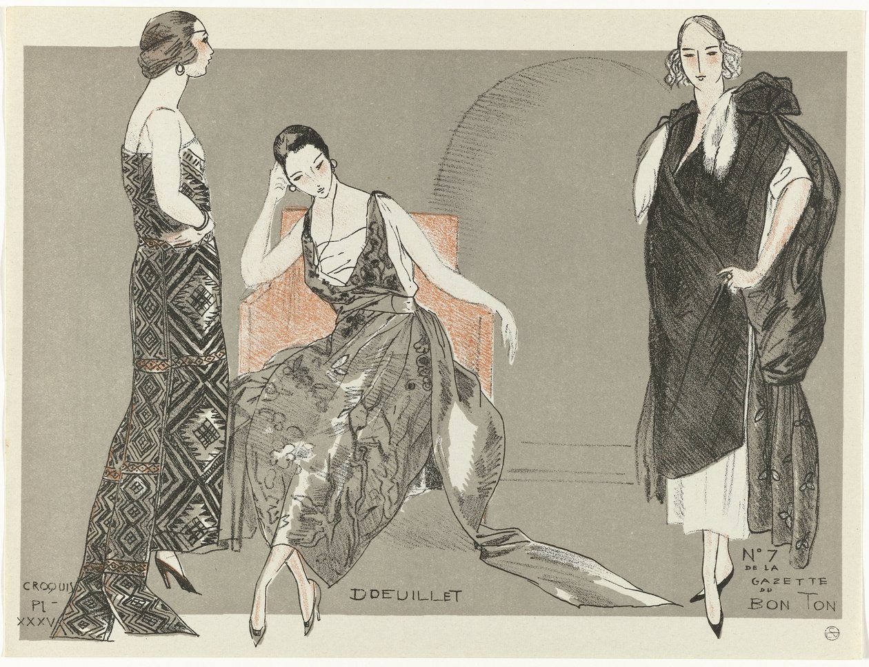 Gazette du Bon Ton, 1920 - 7. szám, Croquis Pl. XXXV: Doeuillet (cím az objektumon) alkotó: Fernand Siméon