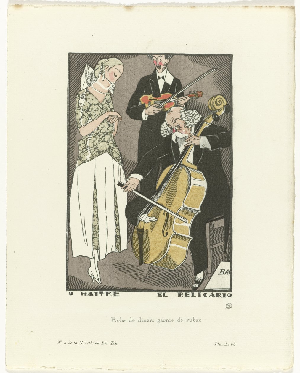 Gazette du Bon Ton, 1920 - No. 9, Pl. 66: O Maitre el Relicario / Szalaggal díszített vacsoraruha (cím a tárgyon) alkotó: Fernand Siméon