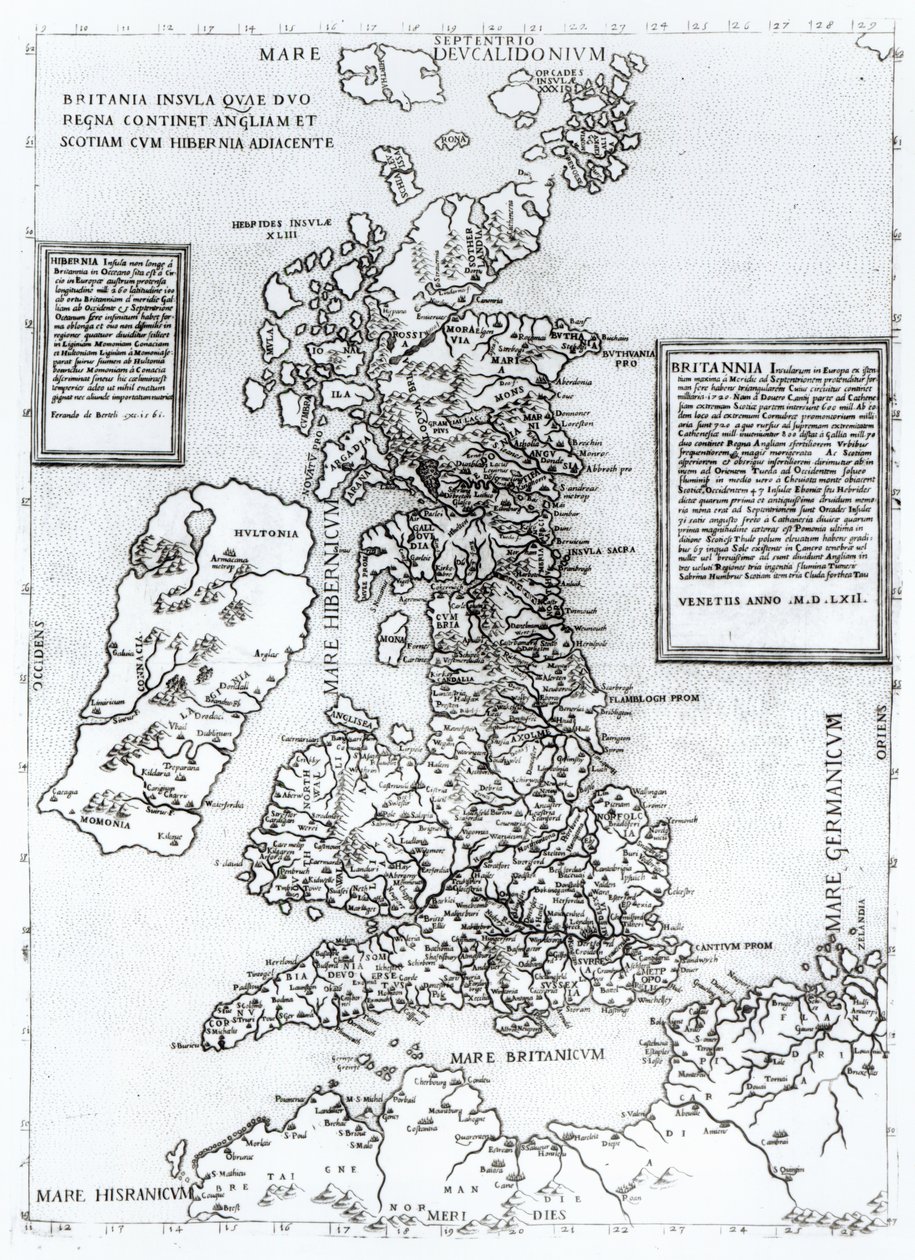 Nagy-Britannia szigete, amely Anglia és Skócia Írországgal szomszédos királyságát foglalja magában, Paulo Forlani metszet, 1562 (rézmetszet) alkotó: Fernando Bertelli