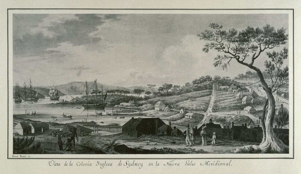 MALASPINA, Alejandro (1754-1809). Olasz-spanyol navigátor és felfedező; BRAMBILA, Fernando (1763-1834). Festő. Ausztrália (18. sz.). Új-Dél-Wales angol gyarmata. Fernando Brambila rajza, amely Alejandro Mal tudományos expedícióját illusztrálja. alkotó: Fernando Brambila