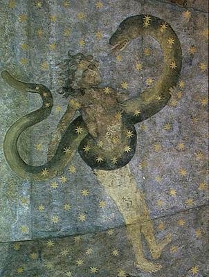 Egy ember és egy kígyó, részlet a Cielo de Salamanca-ból, 1480-90 körül alkotó: Fernando Gallego