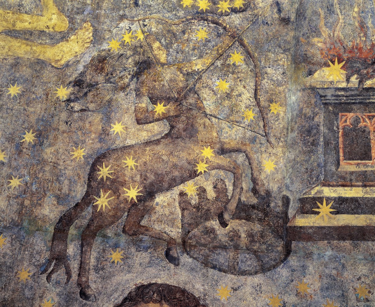 Gótikus korszak. Fernando Gallego (1440-1507) a Zodiákus kupolája (1485). XV. század. Falfestmények. Ezek díszítik a Salamancai Egyetem könyvtárát, Kasztília, Spanyolország. Az állatöv jeleit képviseli. Kentaur. A csillagkép szimbóluma. alkotó: Fernando Gallego