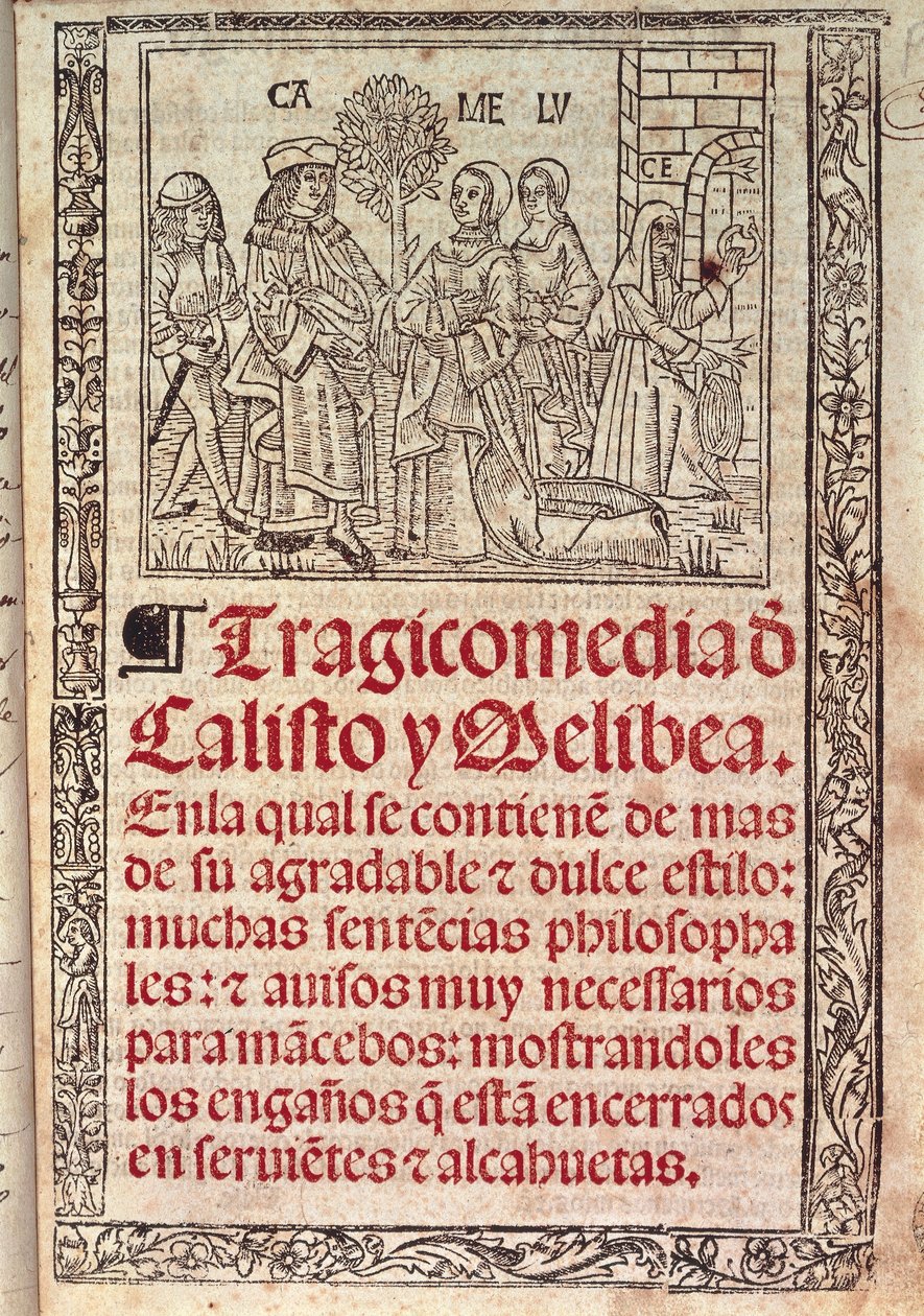 A Celestina vagy Callisto és Melibea tragikomédiája címlapján megjelent miniatűr pergamenre. alkotó: Fernando de Rojas