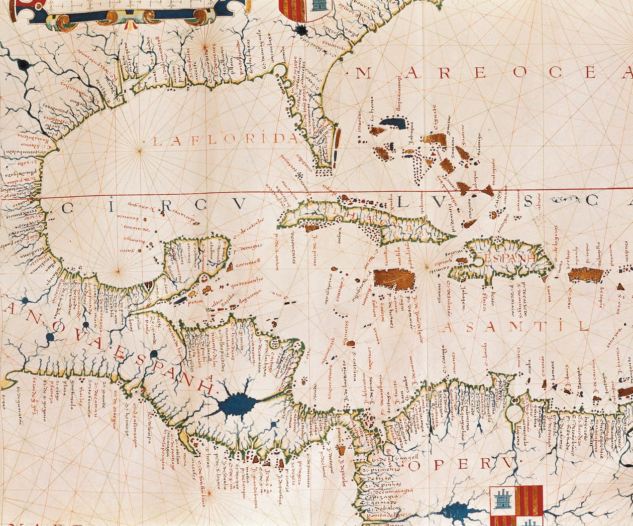 Portulán: földrajzi térkép Kuba, Florida, Közép-Amerika és Észak-Latin-Amerika partvonalának nevével, Fernao VAZ DOURADO vízrajzi atlasza (16. század) alkotó: Fernao Vaz Dourado