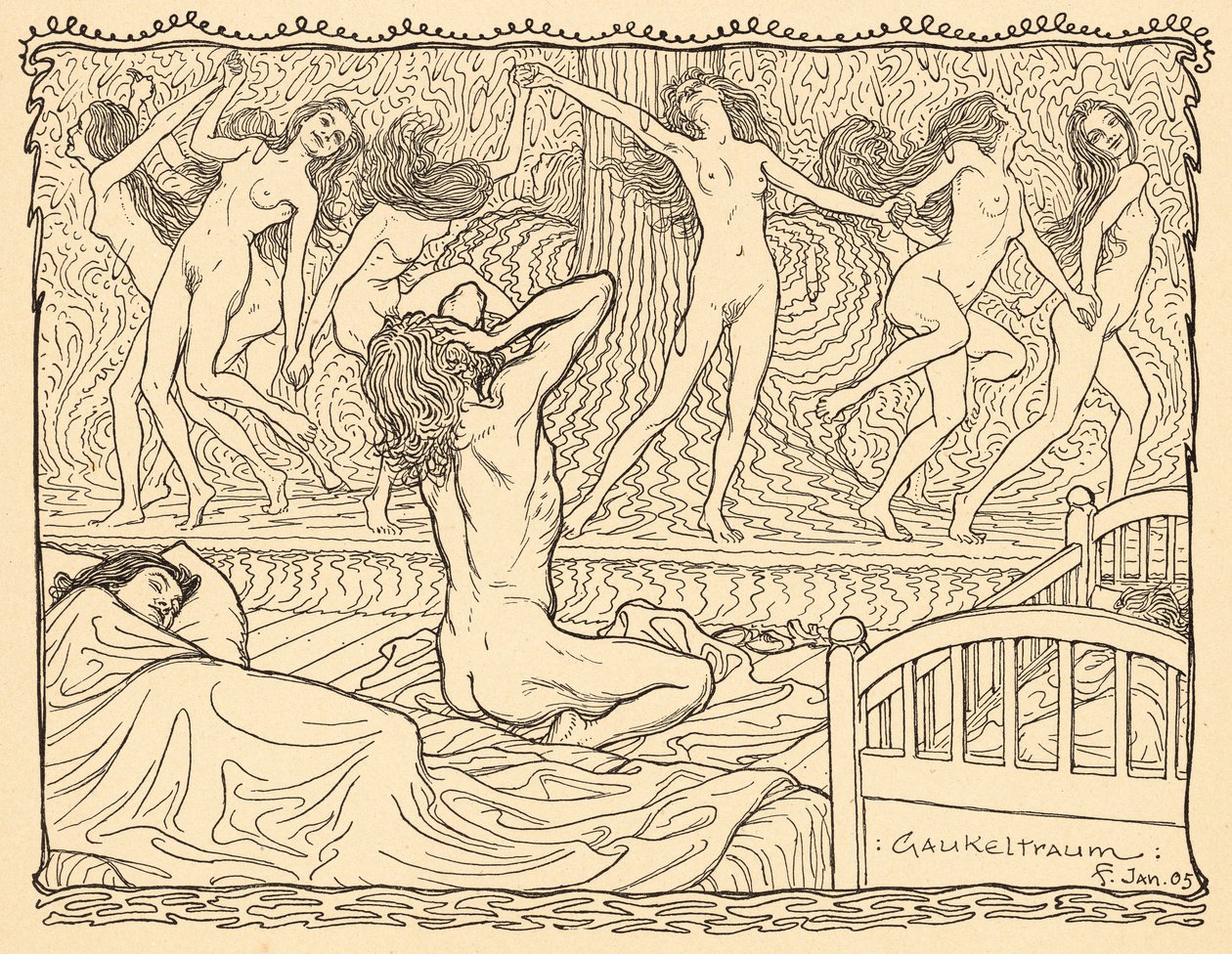 Gaukeltraum, 5. tábla, a „Lebenszeichen” portfólióból, pub. Fritz Heyder Verlag 1908-ban Berlinben alkotó: Fidus