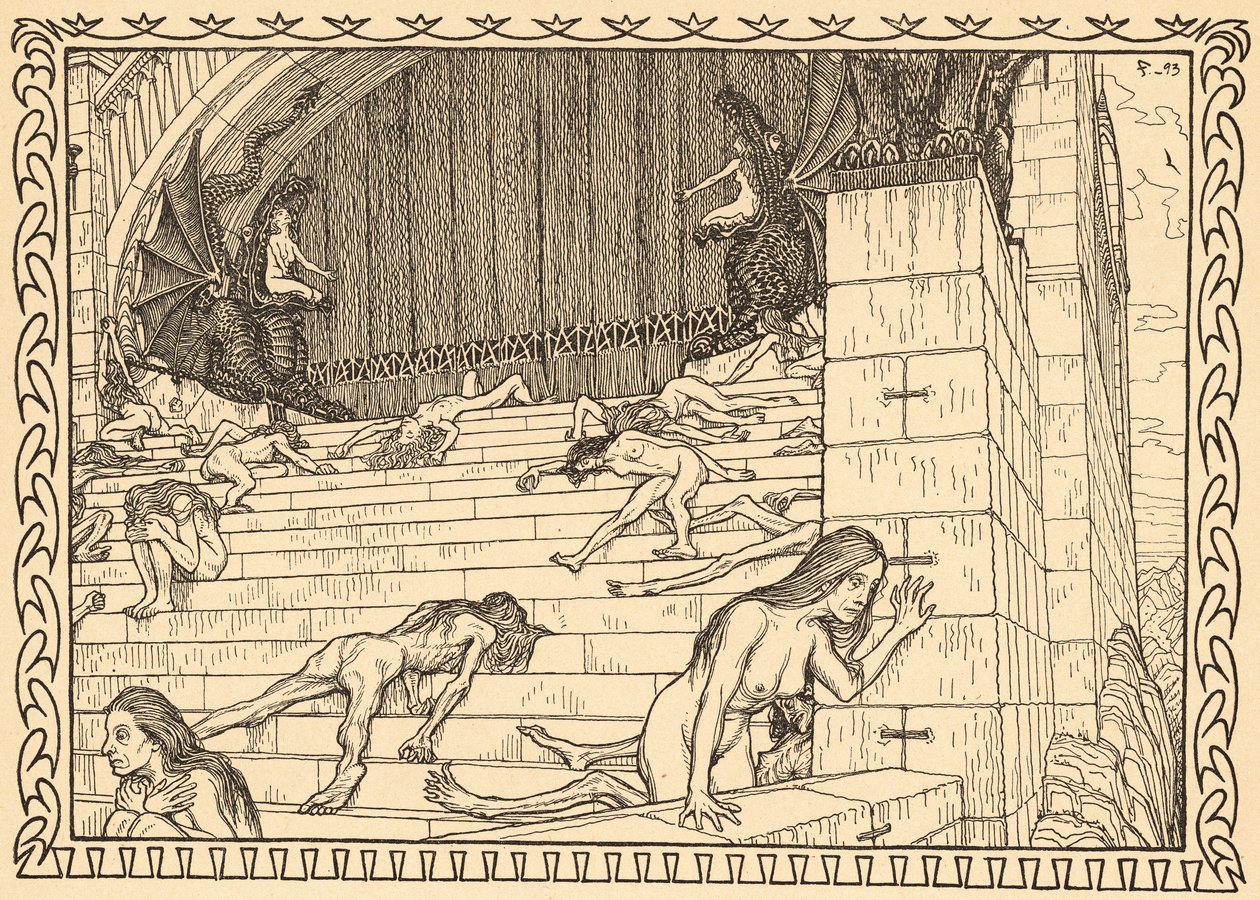 A Tettek temploma előtt, 7. tábla, „Lebenszeichen” tárcából, kocsma. Fritz Heyder Verlag 1908-ban Berlinben alkotó: Fidus (1868 1948)