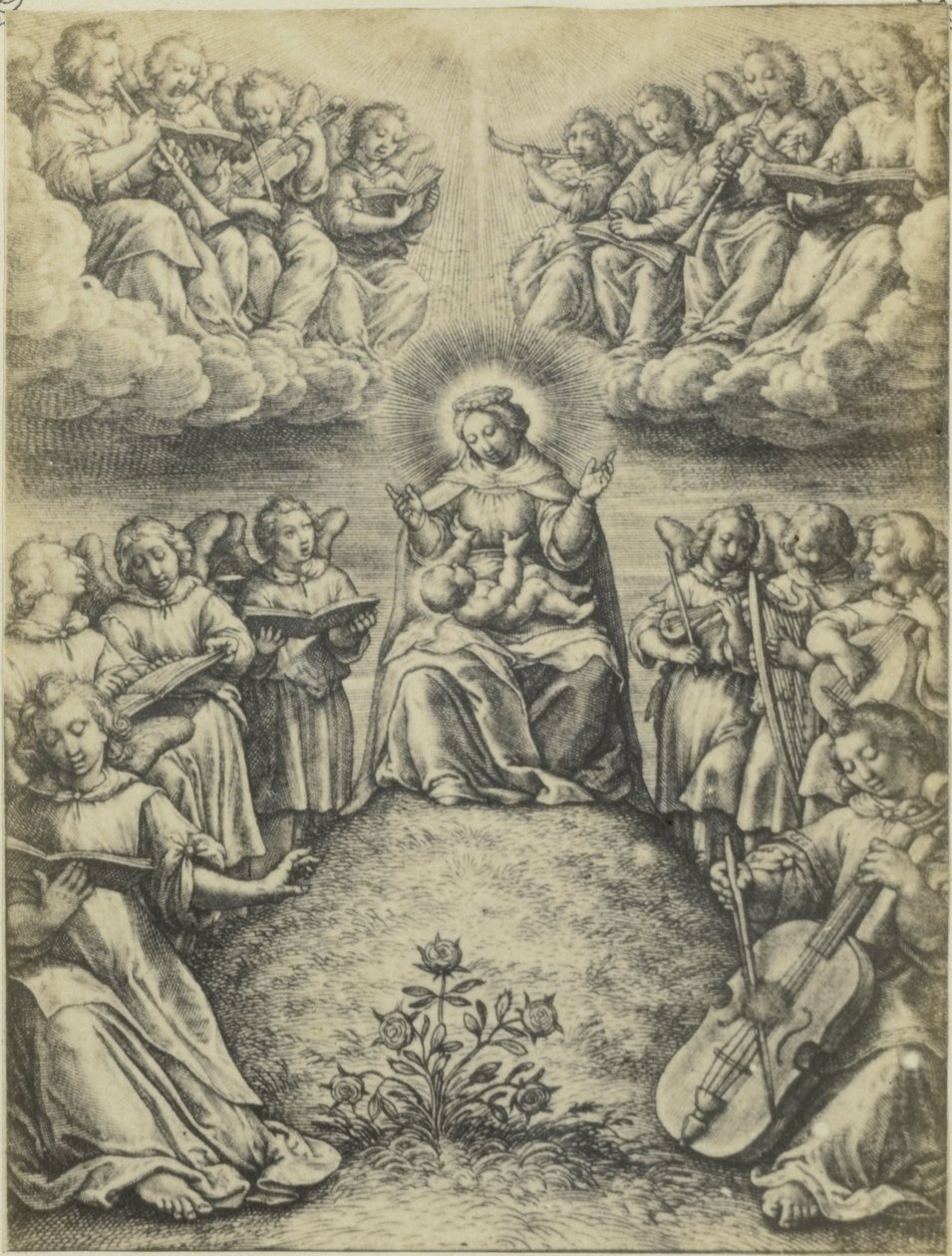 Fotoreproductie van de gravure Le concert des anges door Hieronymus Wierix Az angyalok koncertje alkotó: Fierlants
