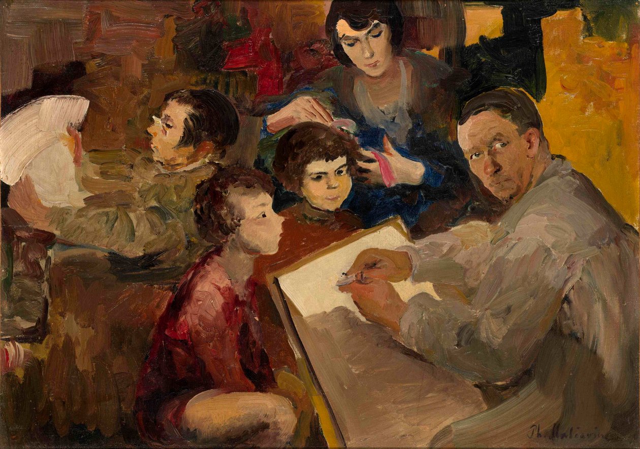 Önarckép családdal - Filipp Andrejevics Maliavin (Maliavine) (vagy Andrejevics Maljavin) festménye (1869-1940), olaj, vászon (46,5x64,5 cm), orosz művészet, 19. század vége-XX. század eleje - Magángyűjtemény alkotó: Filipp Andreevich Maliavin
