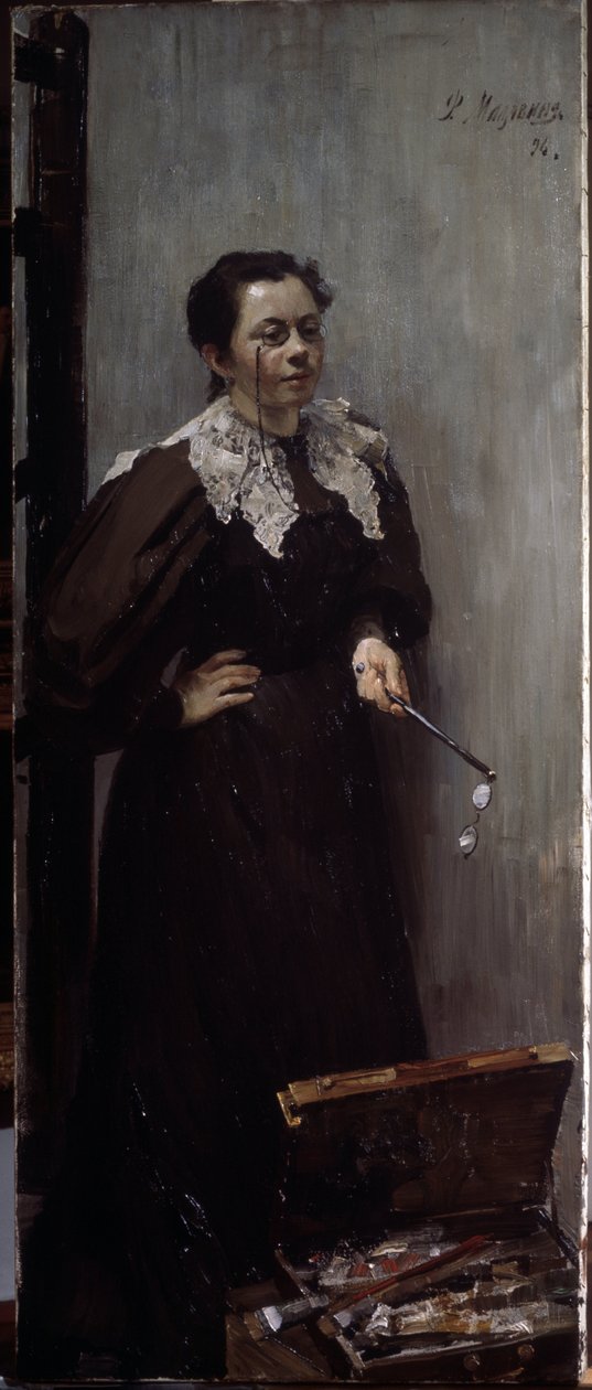 Anna Ostroumova Lebedeva (Ostroumova-Lebedeva) (1871-1955) művész portréja (A. Ostroumova művész portréja). A festőberendezése mögött állva ábrázolta, orrán távcsővel és egy másik párral a kezében. Filipp And festménye alkotó: Filipp Andreevich Maliavin