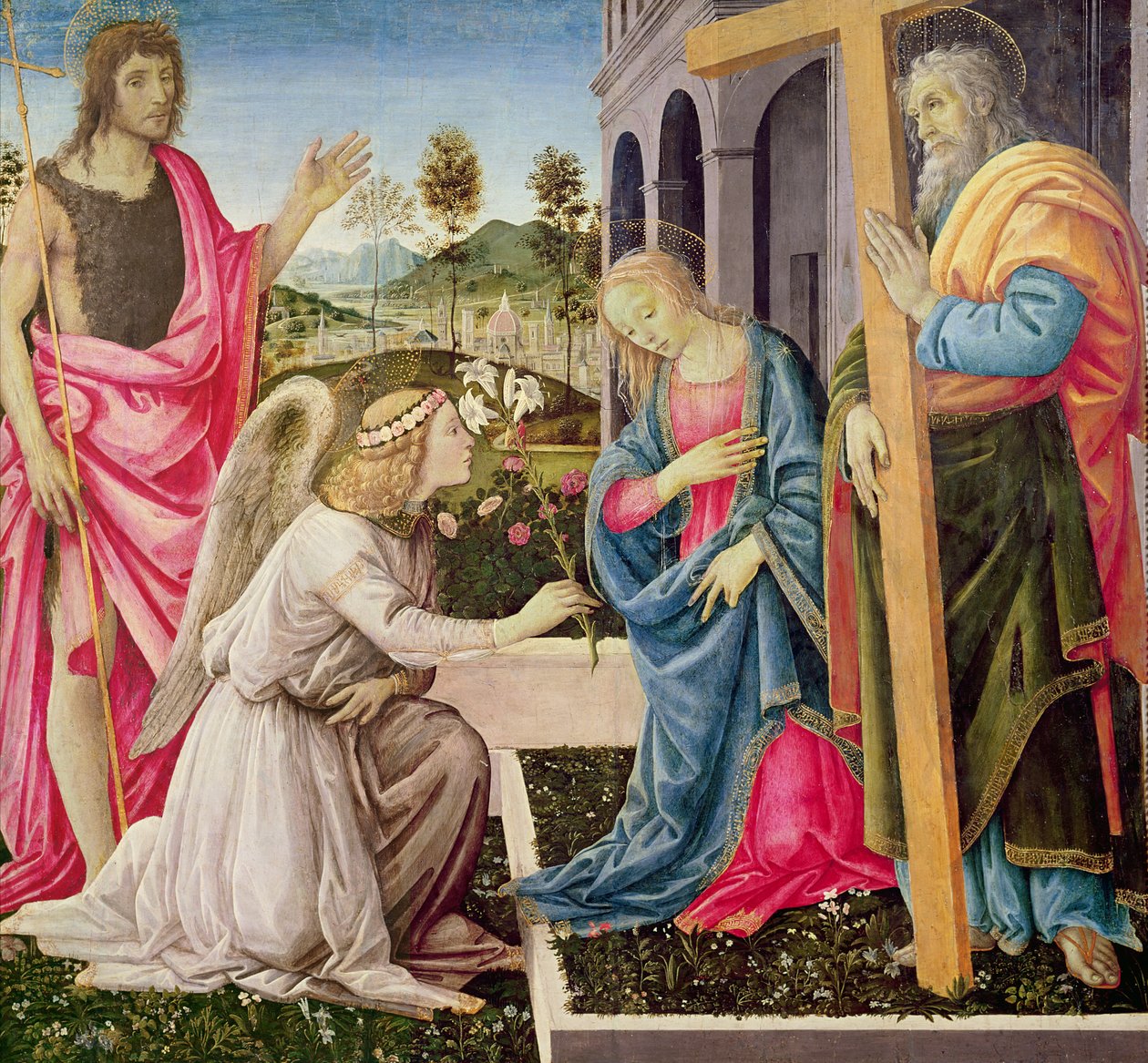 Angyali üdvözlet Szent Józseffel és Keresztelő Szent Jánossal, 1485 körül (tempera a panelen) alkotó: Filippino Lippi