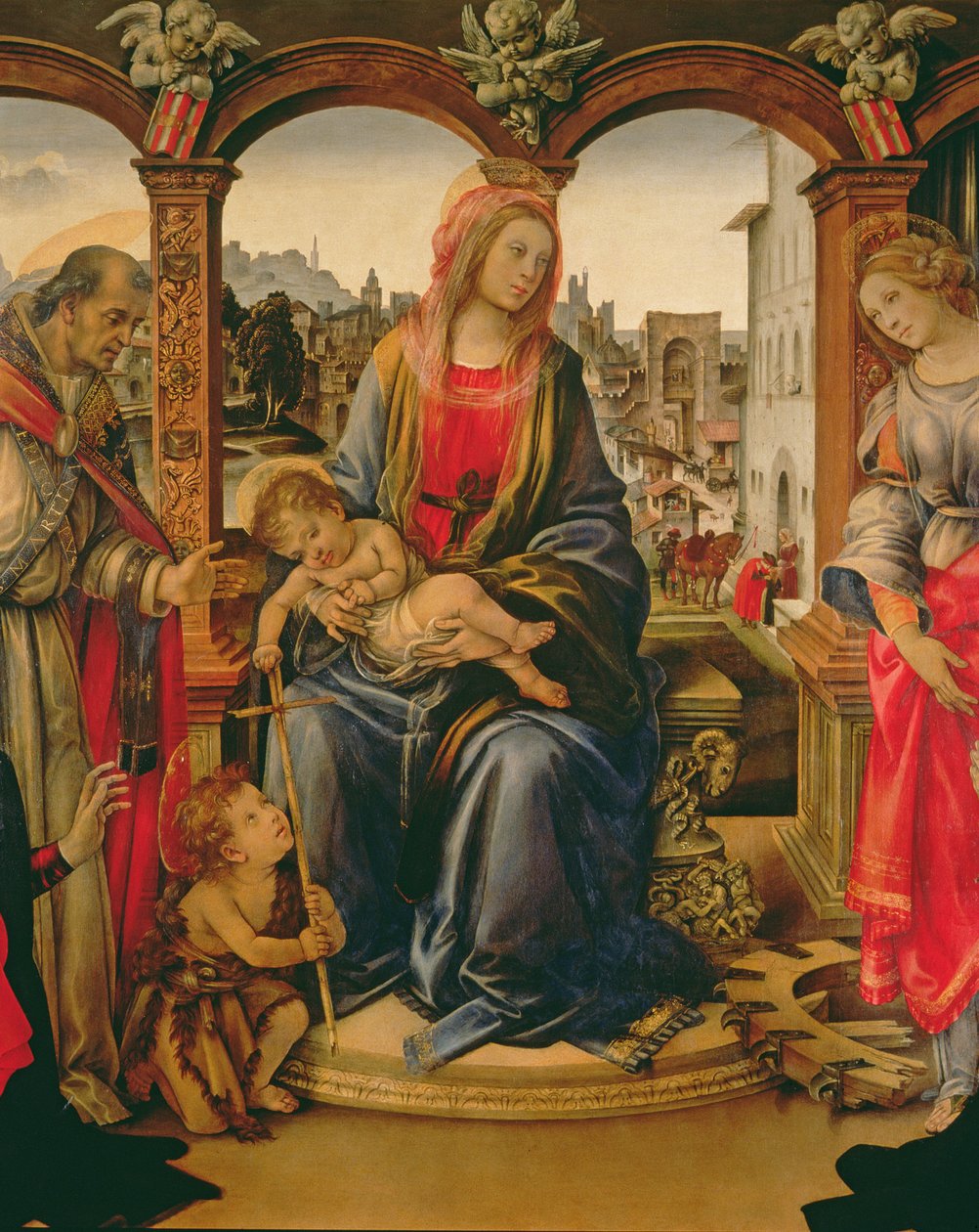 Nerli oltárkép: Madonna és gyermeke a fiatal Keresztelő Szent Jánossal, Szent Mártonnal, Szent Katalinnal és az adományozókkal, Tanai és Nanna dei Nerlivel, 1494 részlet az 58333-ból alkotó: Filippino Lippi