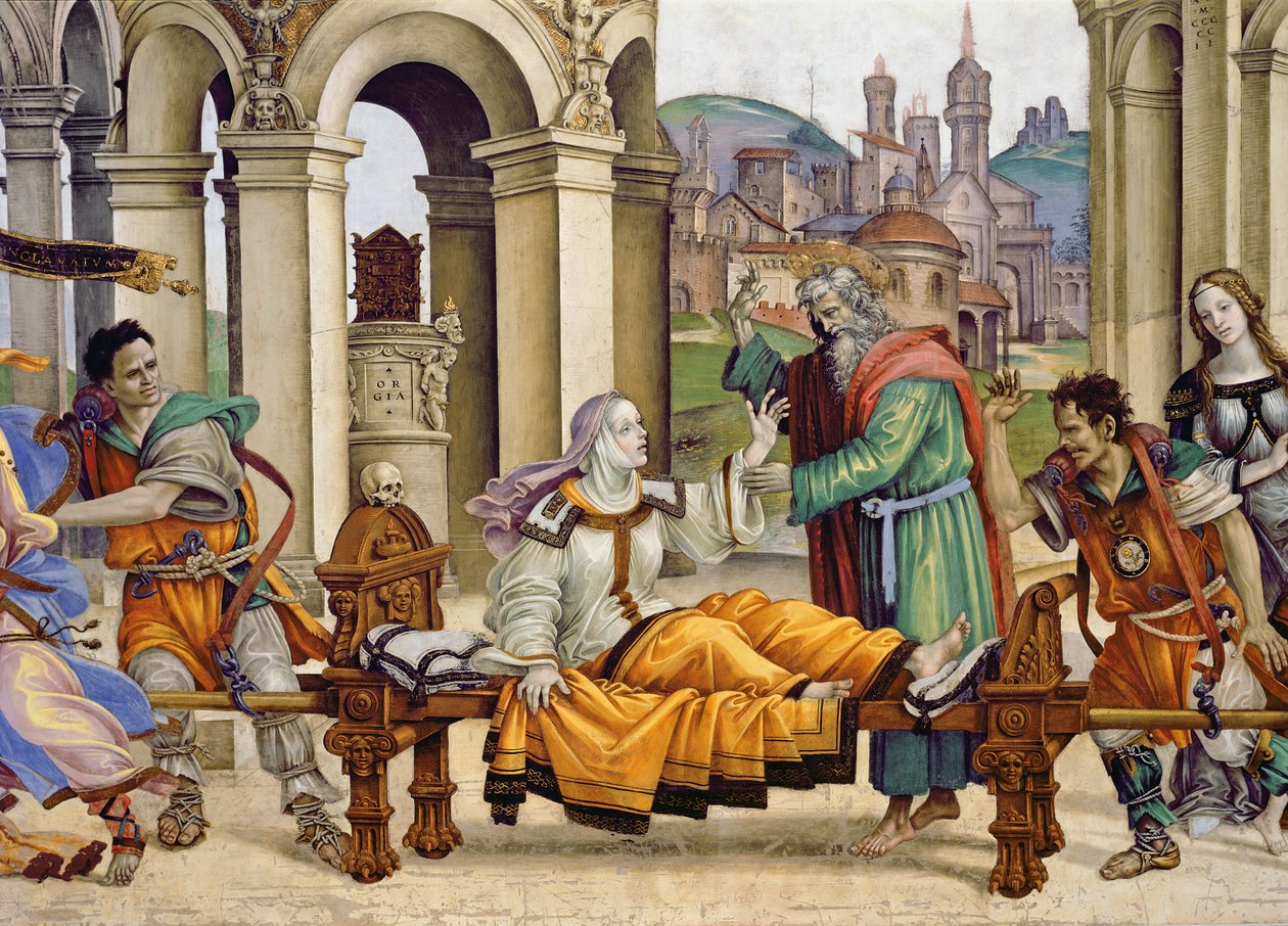 A Strozzi-kápolna északi fala, Drusiana felemelése Szent János evangélista által, 1457-1502 körül 208293 freskórészlete alkotó: Filippino Lippi