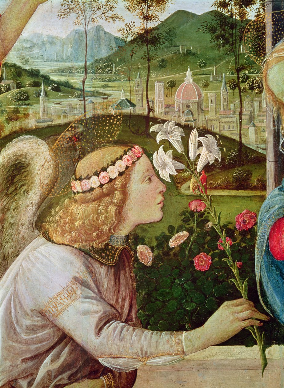 Az Angyali üdvözlet Keresztelő Szent János és a keresztjét hordozó Szent András között, egy angyalfejről, 1483-5, olaj, vászon alkotó: Filippino Lippi