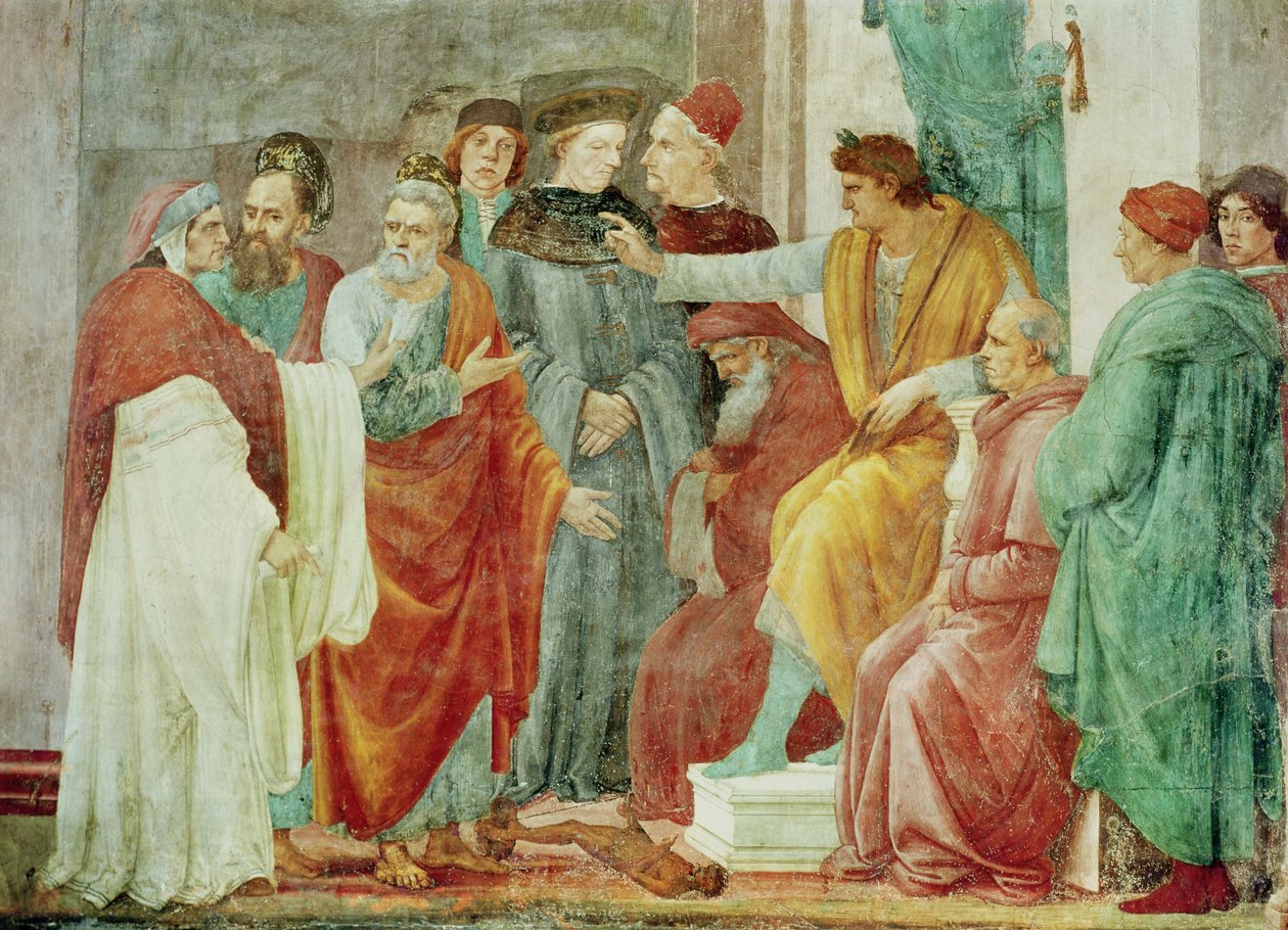 A vita Simon Magóval (Nero Enthroned), a fal alsó szintje az oltártól jobbra, 1484-85 körül alkotó: Filippino Lippi