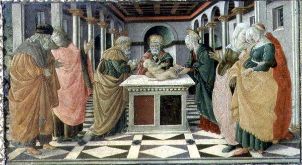 A templomban való bemutatás, a Museo Civico Krisztus születése oltárkép predella táblája. alkotó: Filippino (and workshop) Lippi