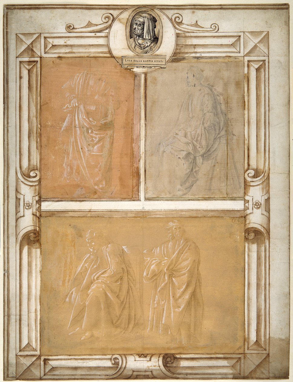 Köpönyeges figurák tanulmányozása (ezüstpont fehér testszínnel kiemelve előkészített papíron) alkotó: Filippino (follower of) Lippi