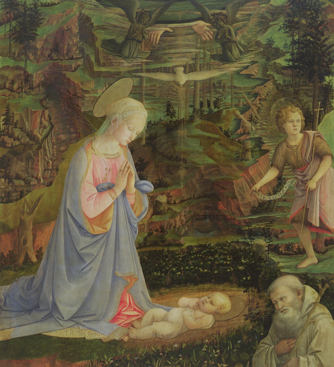 Gyermekimádás a csecsemő Szent Jánossal és Szent Romualddal (tempera a panelen) alkotó: Filippino Lippi