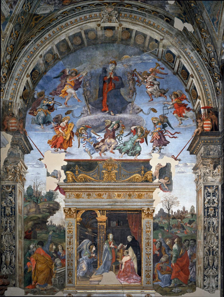 Szűz mennybemenetele és alatta Aquinói Szent Tamás, aki Máriának ajándékozza Oliviero Carafa bíborosnak a filippínó Lippi (1457-1504) freskóját 1488-1492 Róma, Santa Maria sopra Minerva templom, Carafa kápolna Olaszország alkotó: Filippino Lippi