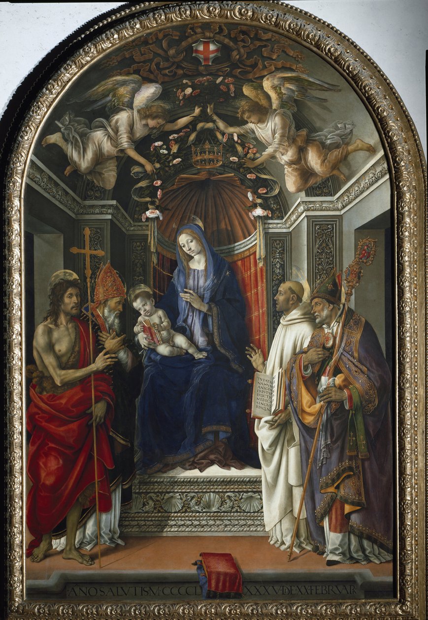 Madonna a gyermekkel Keresztelő Szent Jánossal, Viktorral, Clairvaux-i Bernáttal és Szent Zenobiusszal körülvéve (1485-1486, tempera nyárfán) alkotó: Filippino Lippi