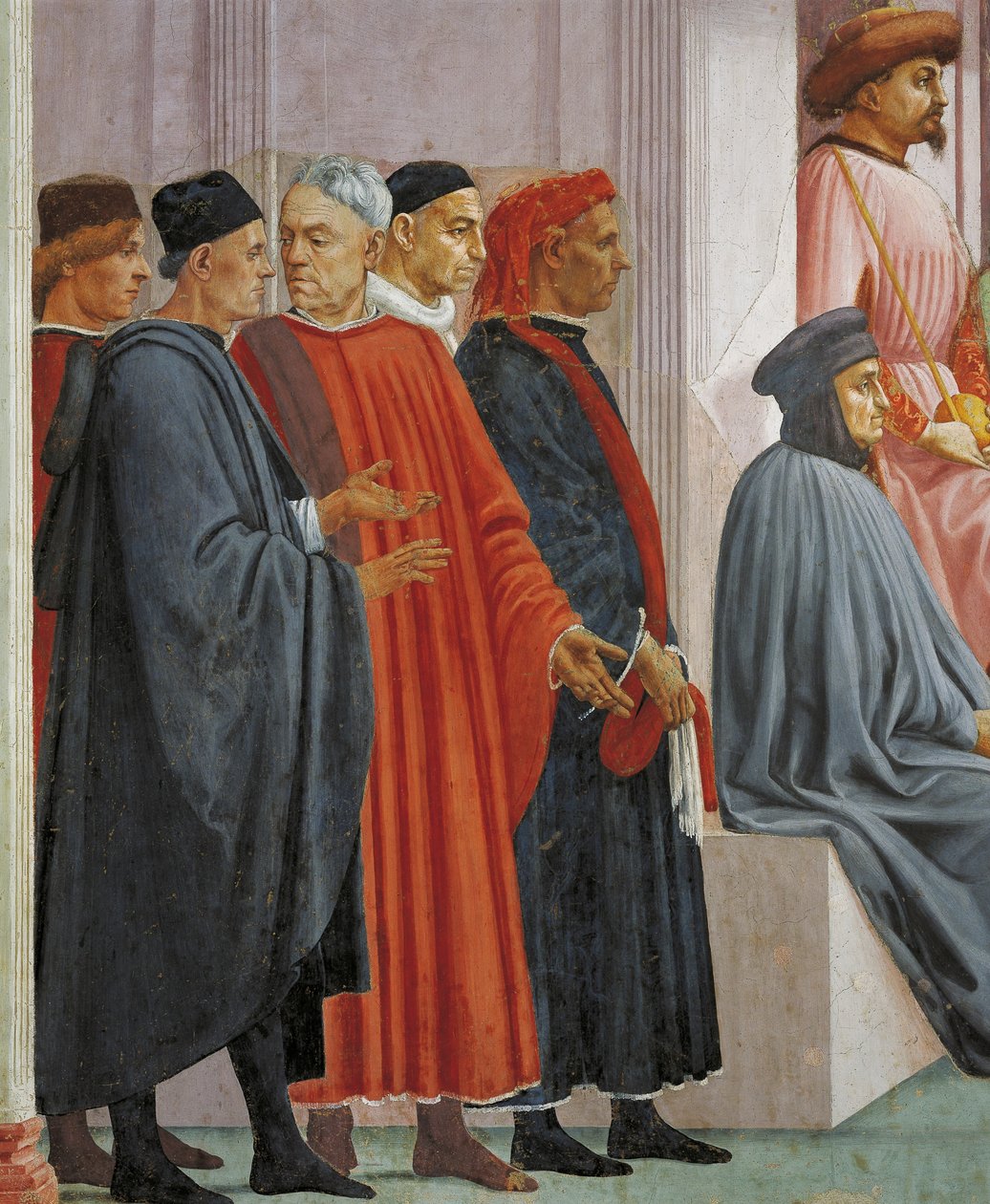Férfiak középkori ruhában, részlet a Theophilus fiának felneveléséből, Tommaso Masaccio, freskó alkotó: Filippino Lippi