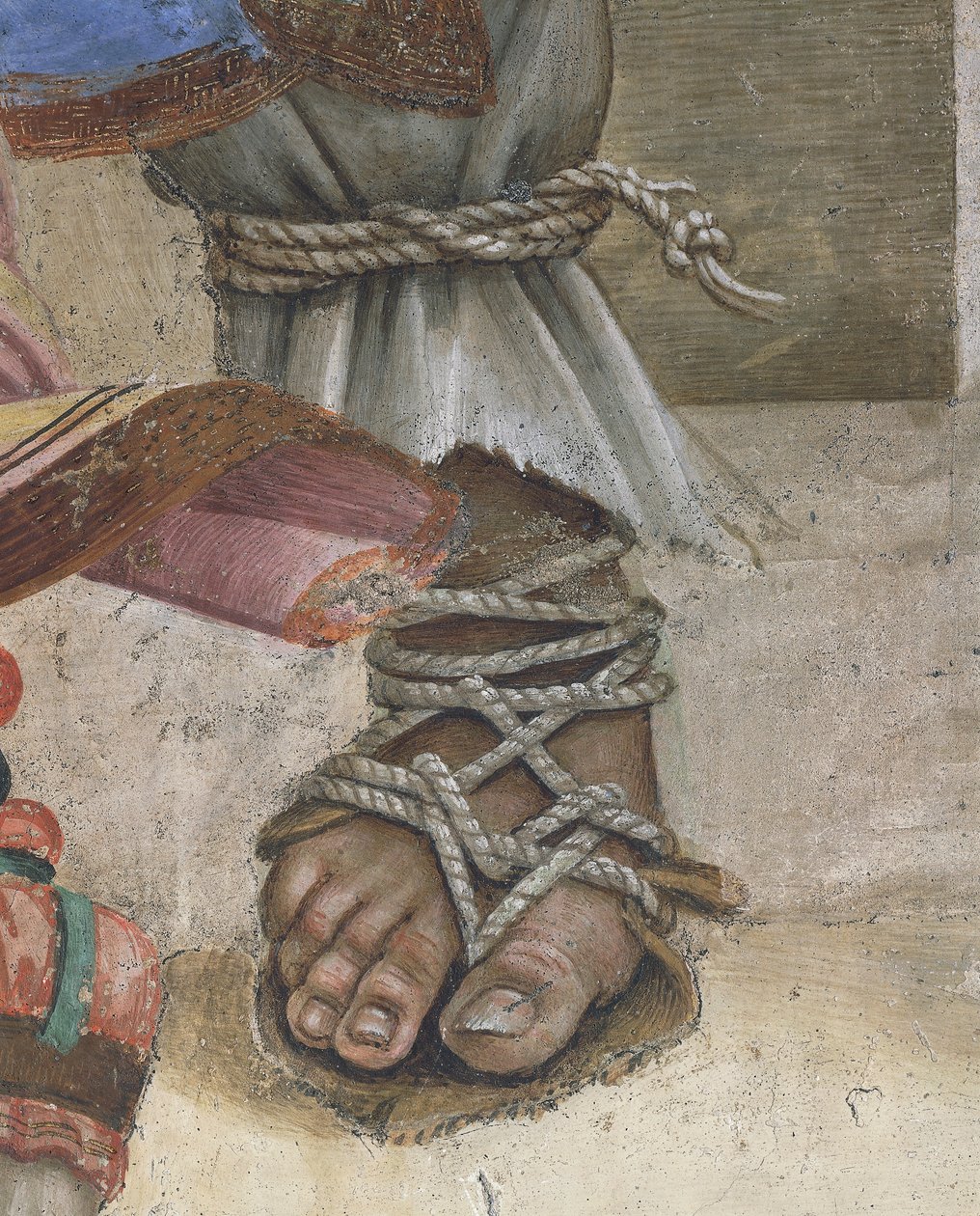Szent János evangélista Drusiana újraélesztése, Filippino Lippi, lábbeli részlet, freskó alkotó: Filippino Lippi