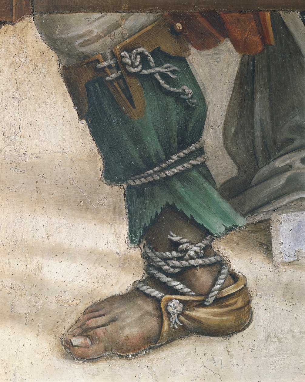 Szent János evangélista Drusiana újraélesztése, Filippino Lippi, lábbeli részlet, freskó alkotó: Filippino Lippi