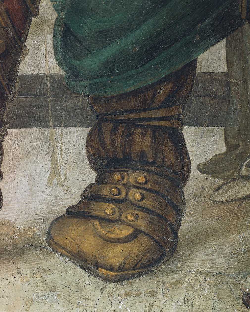 Szent Fülöp hajtó sárkány a Hieropolis templomból, Filippino Lippi, lábbeli részlet, freskó alkotó: Filippino Lippi
