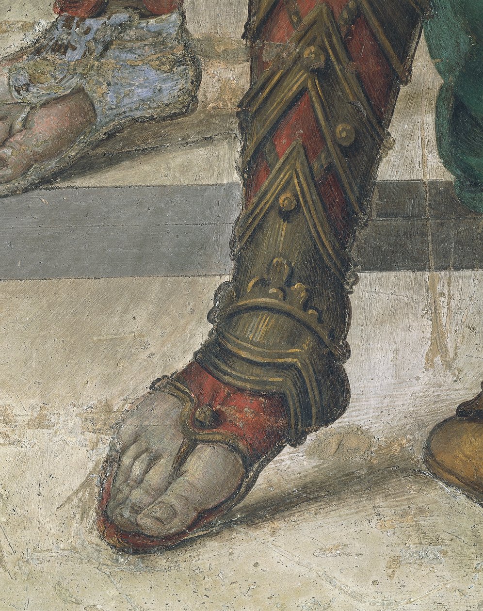 Szent Fülöp hajtó sárkány a Hieropolis templomból, Filippino Lippi, lábbeli részlet, freskó alkotó: Filippino Lippi